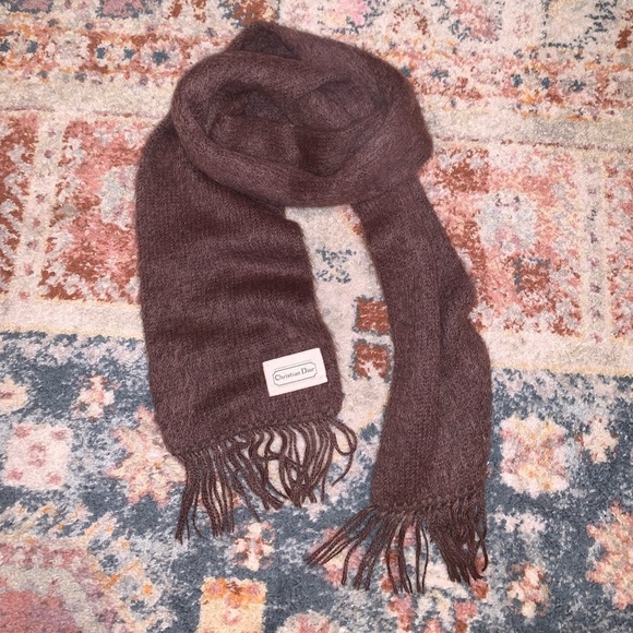 Christian Dior Vintage Brown Wool Fuzzy Wrap Tassel Accent Luxury Designer Scarf - Picture 1 of 4